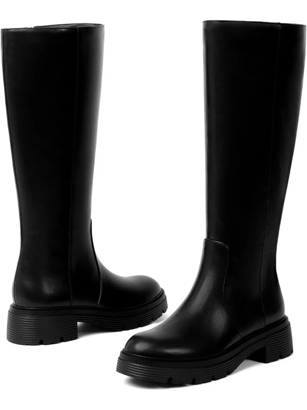 Women's Black Faux Leather Low Block Heel Comfort Side Zipper Knee High Boots